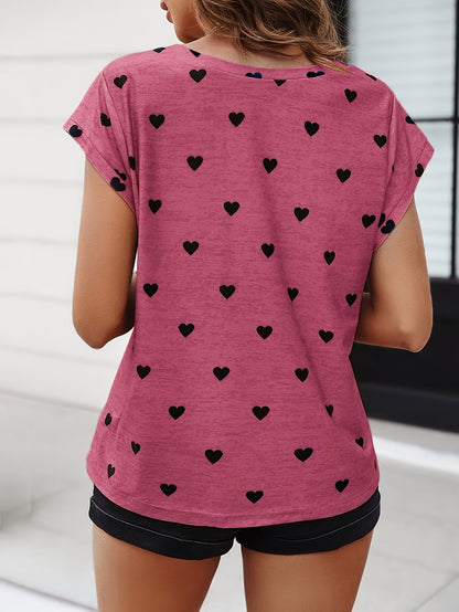 Damen Elegantes Herzmuster T-Shirt für Alltag und Freizeit