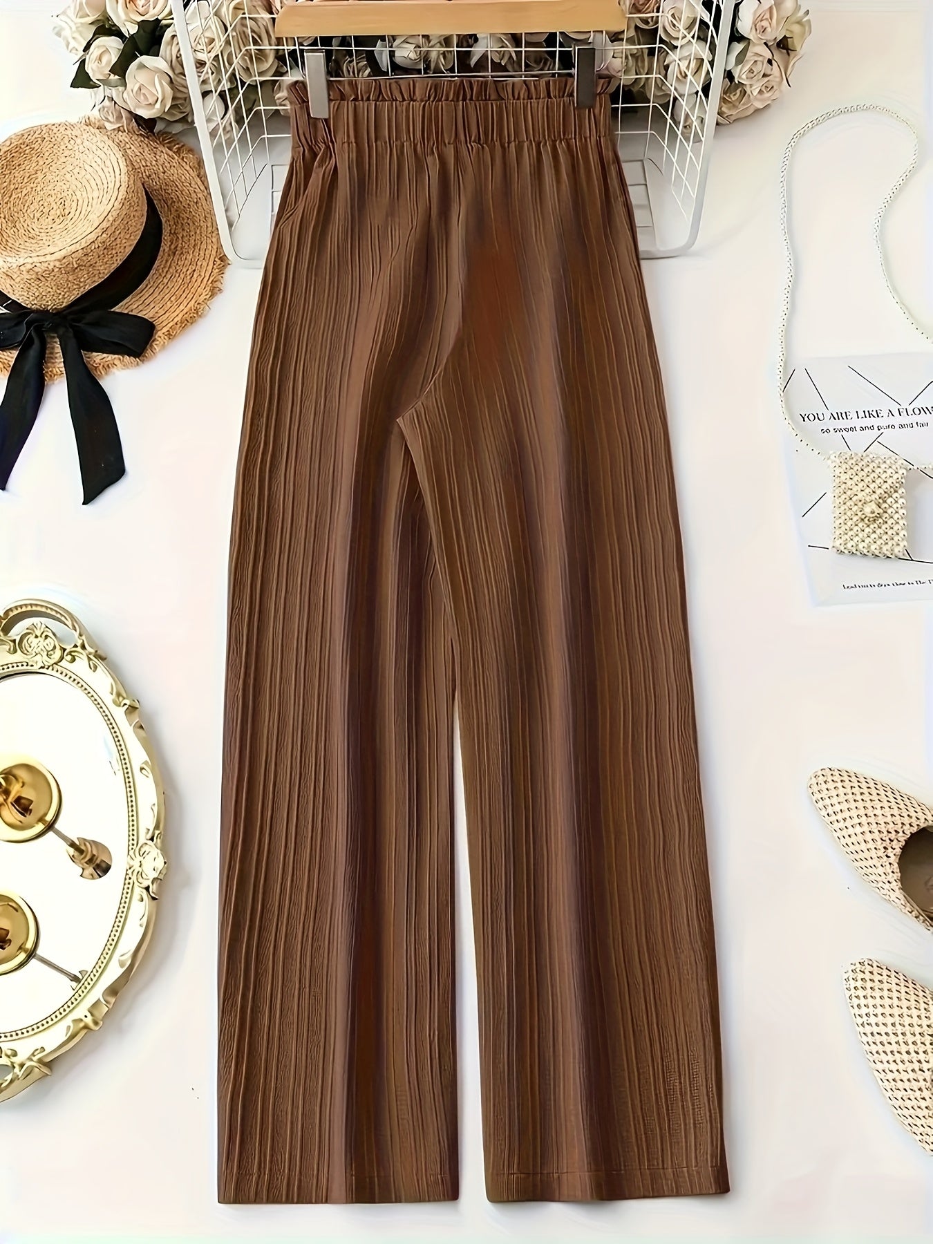 Damen Elegante Plissee-Hose mit Schleife – Weites Bein, Komfortbund, Lässig & Schick für Alltag und Büro