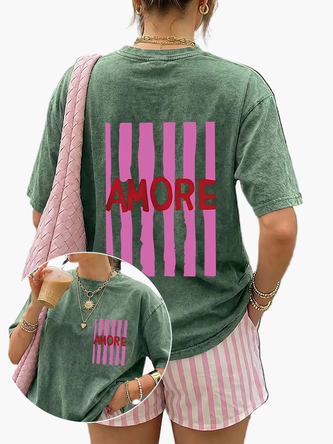Damen Oversize T-Shirt mit AMORE Print und Streifen – Trendiges Casual Streetwear für den Sommer