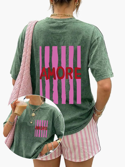 Damen Oversize T-Shirt mit AMORE Print und Streifen – Trendiges Casual Streetwear für den Sommer