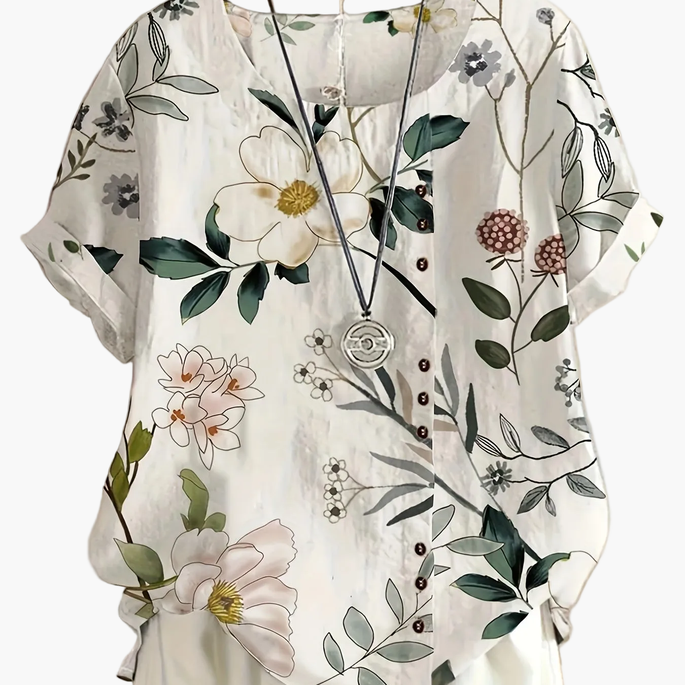Damen Vintage Bluse mit Blumenmuster und Knopfleiste – Sommer Freizeitshirt