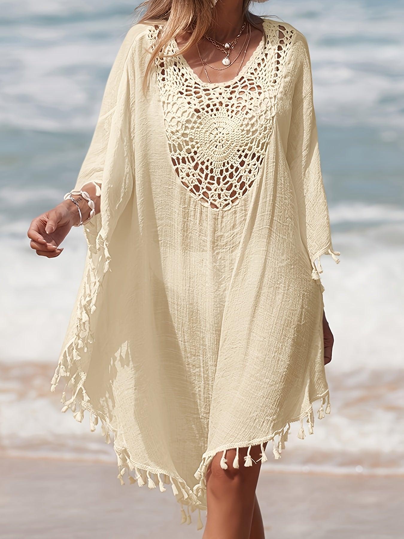 Damen Strand Kaftan Poncho mit Häkel-Details und Quasten – Perfekte Strandmode Cover-Up