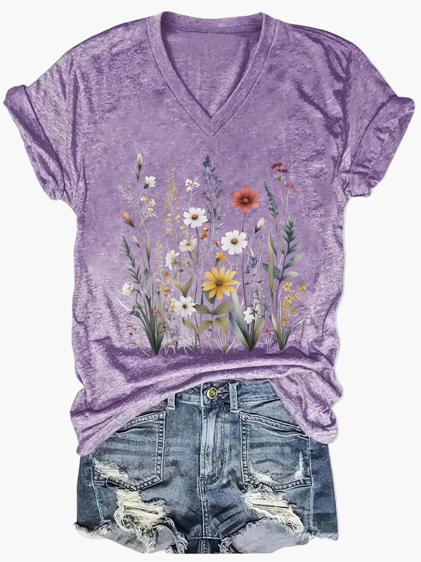 Damen V-Ausschnitt T-Shirt mit Wildblumen-Print, lässig, perfekt für Sommer und Freizeit