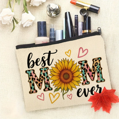 Best Mom Ever – Damen Kosmetiktasche mit Sonnenblume und Herz-Design, Geschenkidee zum Muttertag