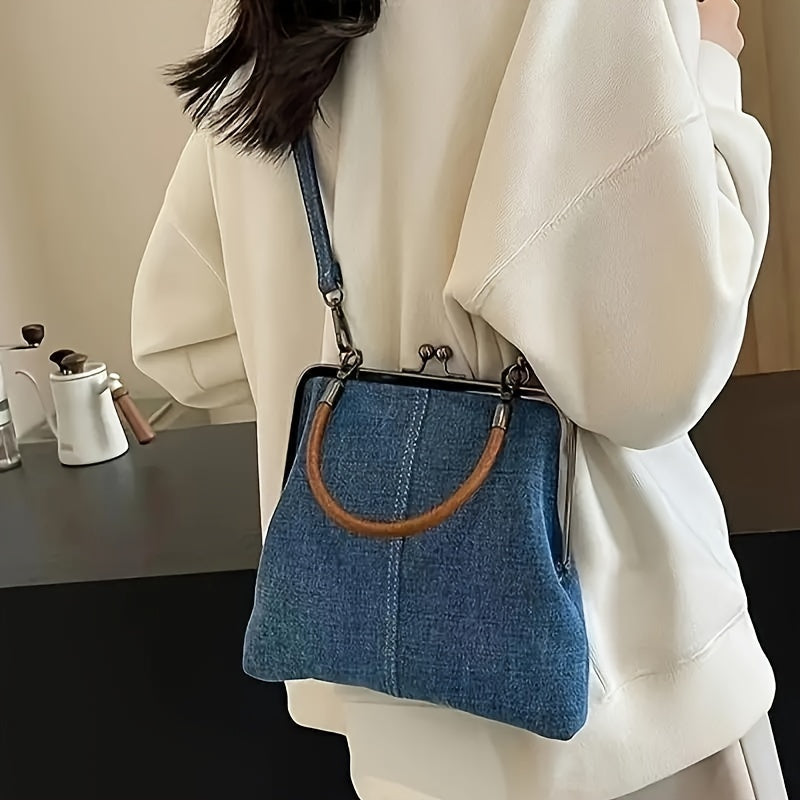 Damen Vintage-Jeanshandtasche mit Holzgriff und Kussverschluss – Modische Umhängetasche für Alltag und Freizeit