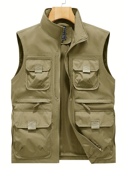 Herren Outdoor Utility Weste mit Stehkragen – Multifunktionsweste für Angeln, Wandern, Freizeit