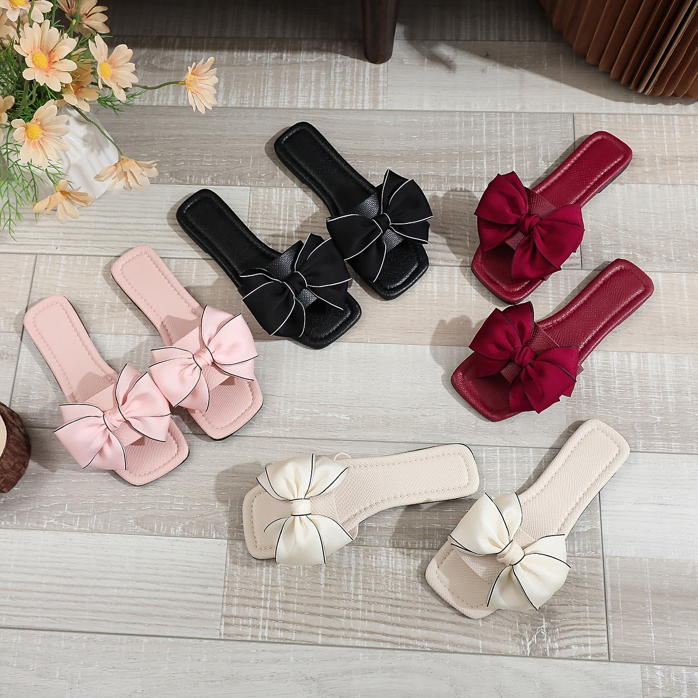 Damen Slide Sandalen mit großer Schleife und modernem Design – Stilvolle Flats für Freizeit & Alltag