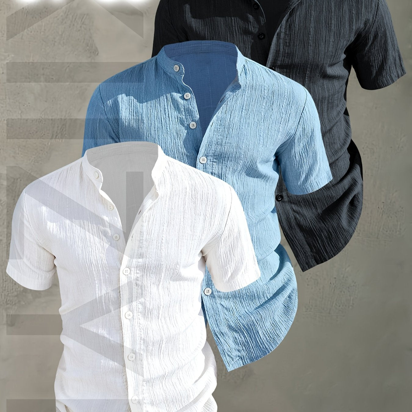Herren 3er-Pack Freizeithemd mit Stehkragen, Kurzarm, Modernes Design, Knopfleiste