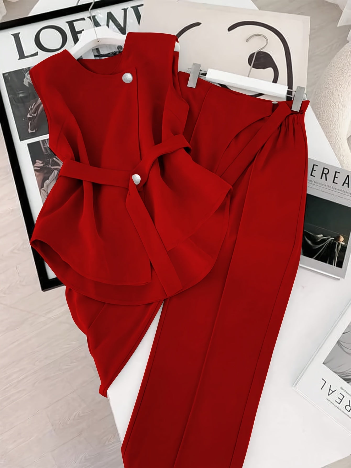 Damen Business Zweiteiler Set – Elegantes Top mit Gürtel und Weite Hose für Büro und Events