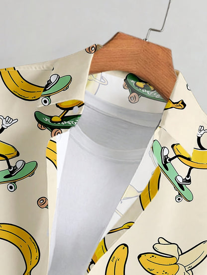 Herren Freizeit Hemd mit Skateboard-Banane Cartoon Print – Kurzarm, Lustiger Stil für Alltag & Party