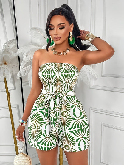 Damen Bandeau-Jumpsuit mit modernem Print und Taillengürtel – Eleganter Sommer-Look für Urlaub und Events