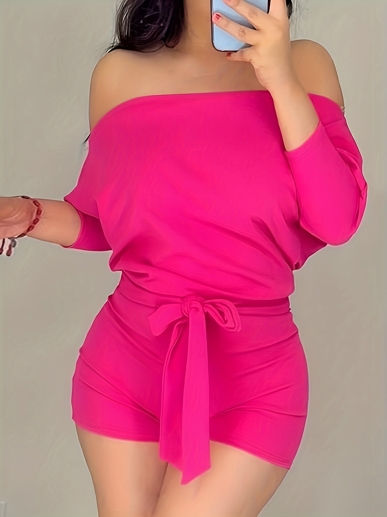 Damen Off-Shoulder Jumpsuit Freizeit Sommer Einteiler mit Gürtel