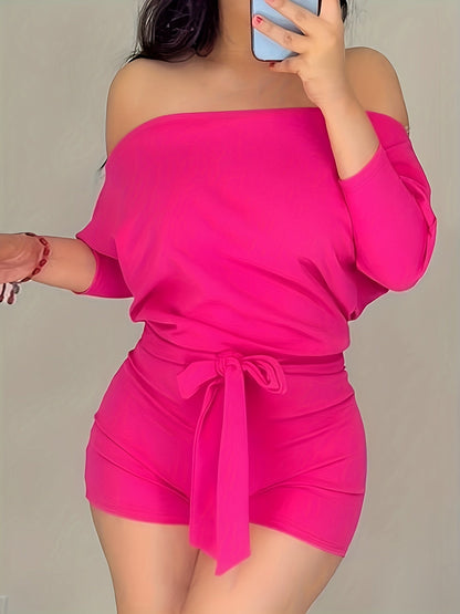 Damen Off-Shoulder Jumpsuit Freizeit Sommer Einteiler mit Gürtel