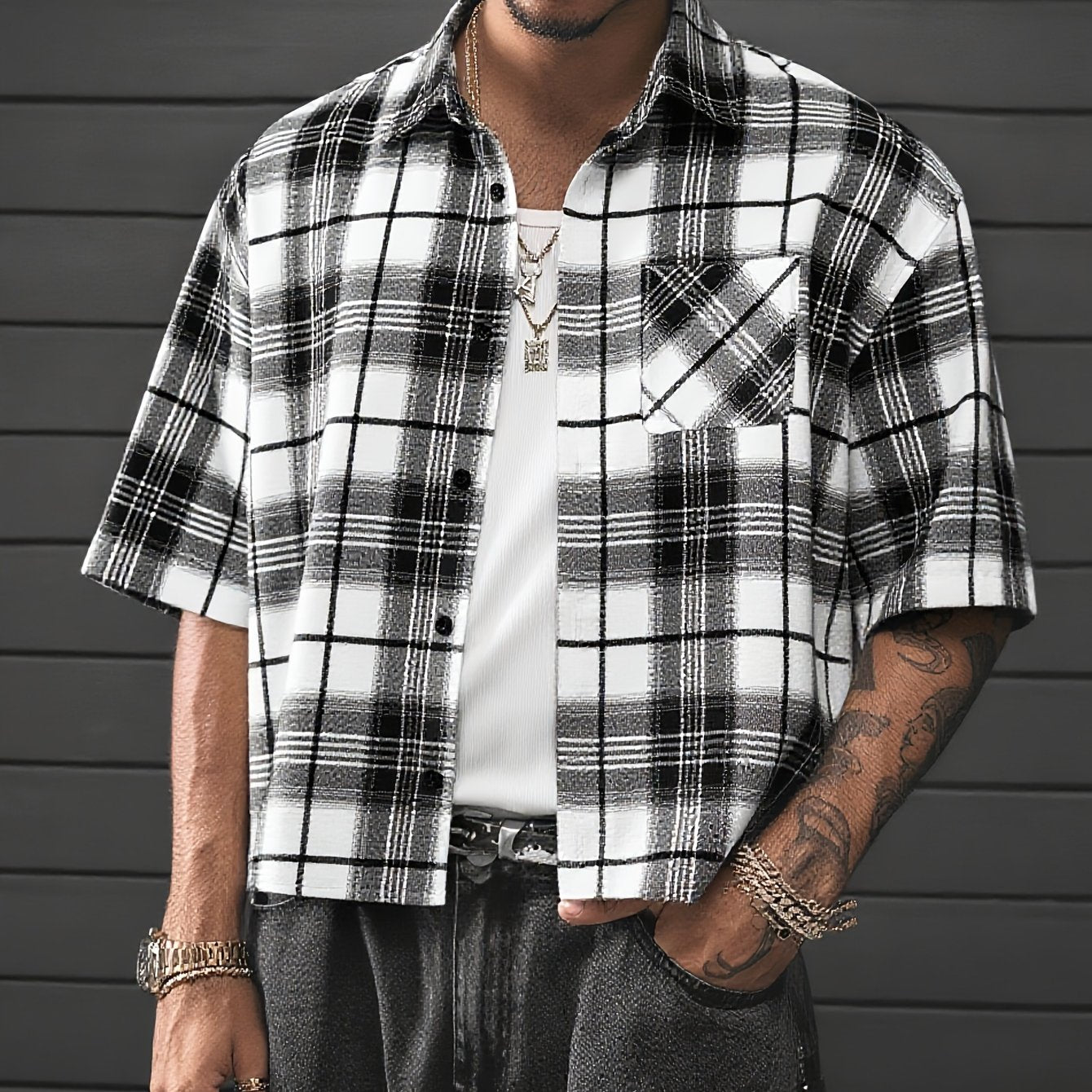 Herren Kurzarm Hemd Kariert Relaxed Fit Streetstyle
