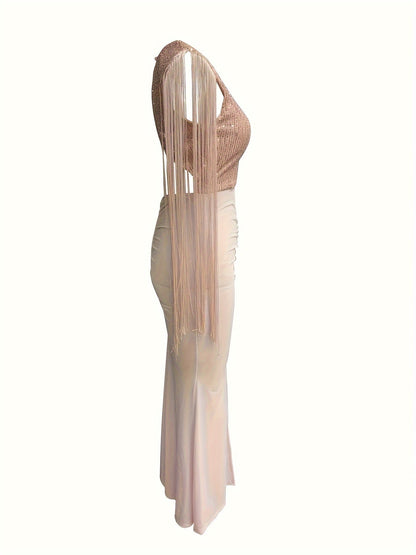 Damen Abendkleid Elegant mit Fransenärmeln und hohem Schlitz – Perfekt für festliche Anlässe