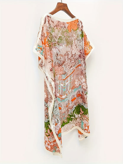 Damen Boho Strandponcho mit floralen Mustern – Perfekt für Urlaub und Sommer