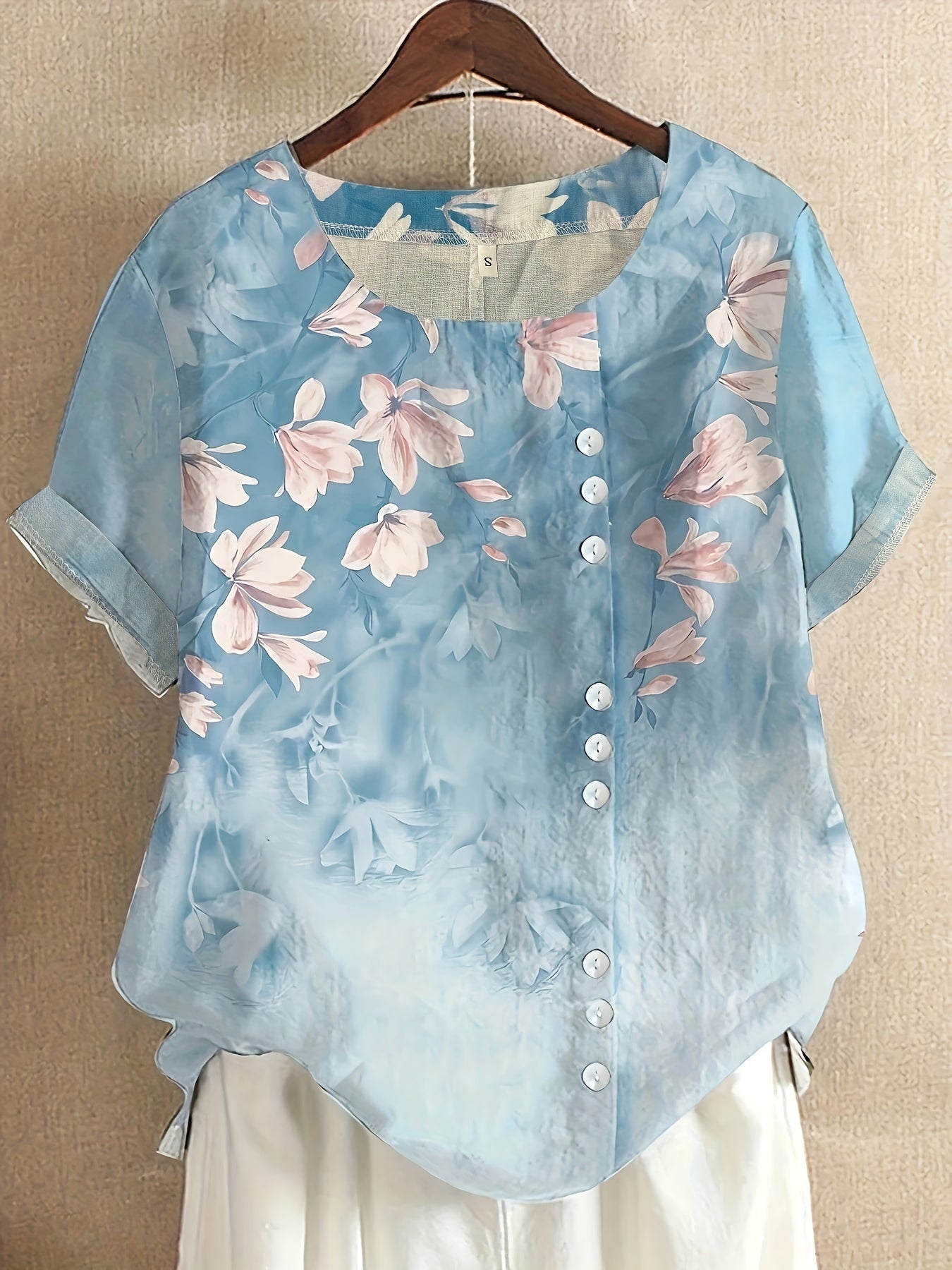 Damen Vintage Bluse mit Blumenmuster und Knopfleiste – Sommer Freizeitshirt