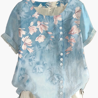 Damen Vintage Bluse mit Blumenmuster und Knopfleiste – Sommer Freizeitshirt