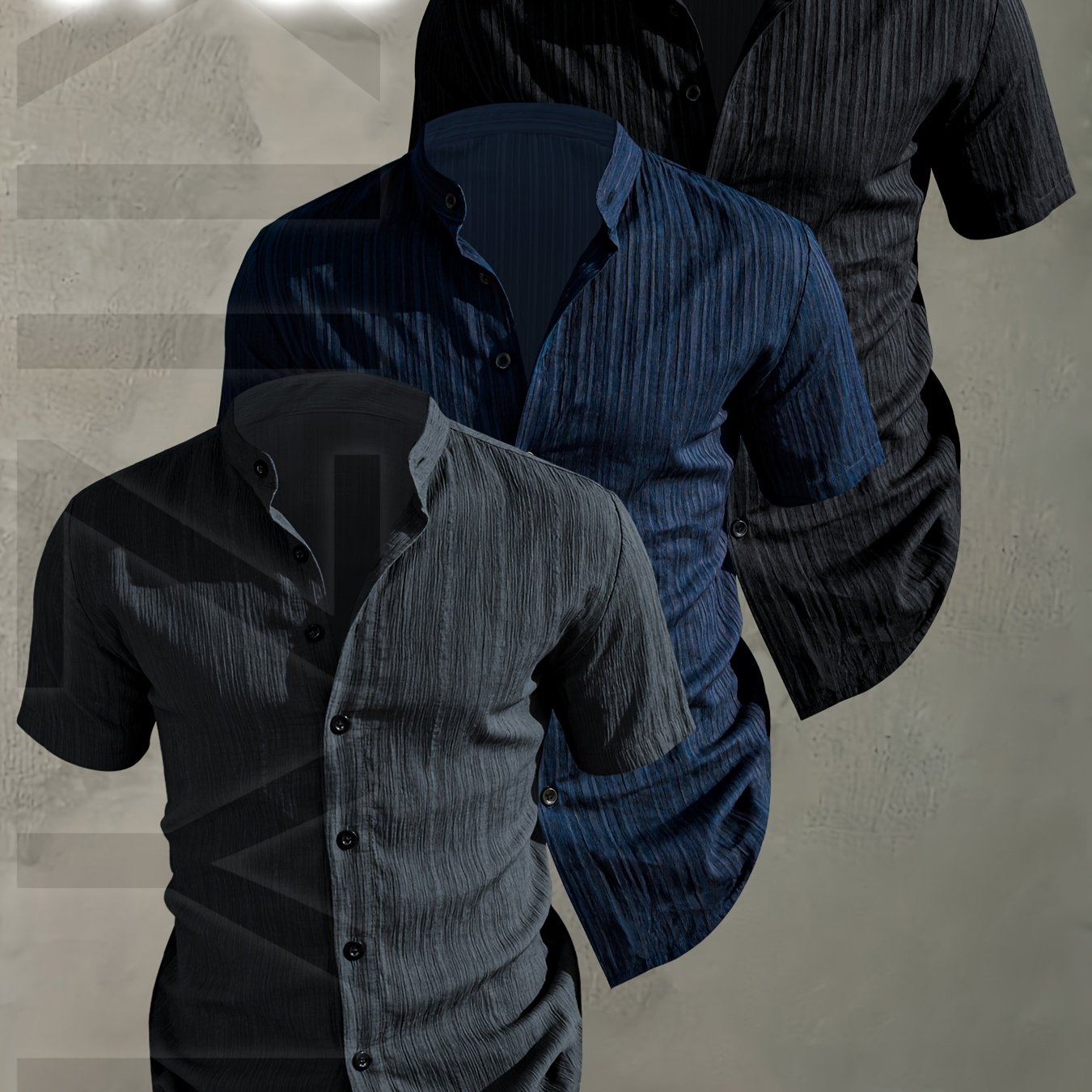 Herren 3er-Pack Freizeithemd mit Stehkragen, Kurzarm, Modernes Design, Knopfleiste