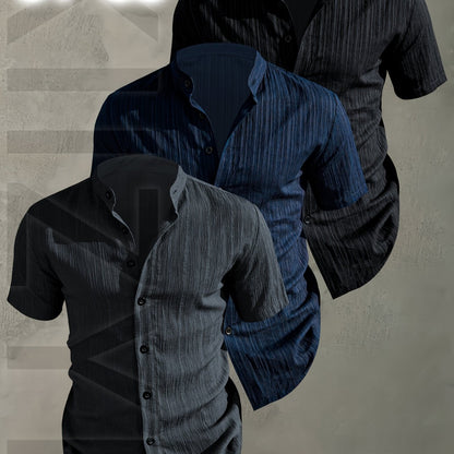 Herren 3er-Pack Freizeithemd mit Stehkragen, Kurzarm, Modernes Design, Knopfleiste