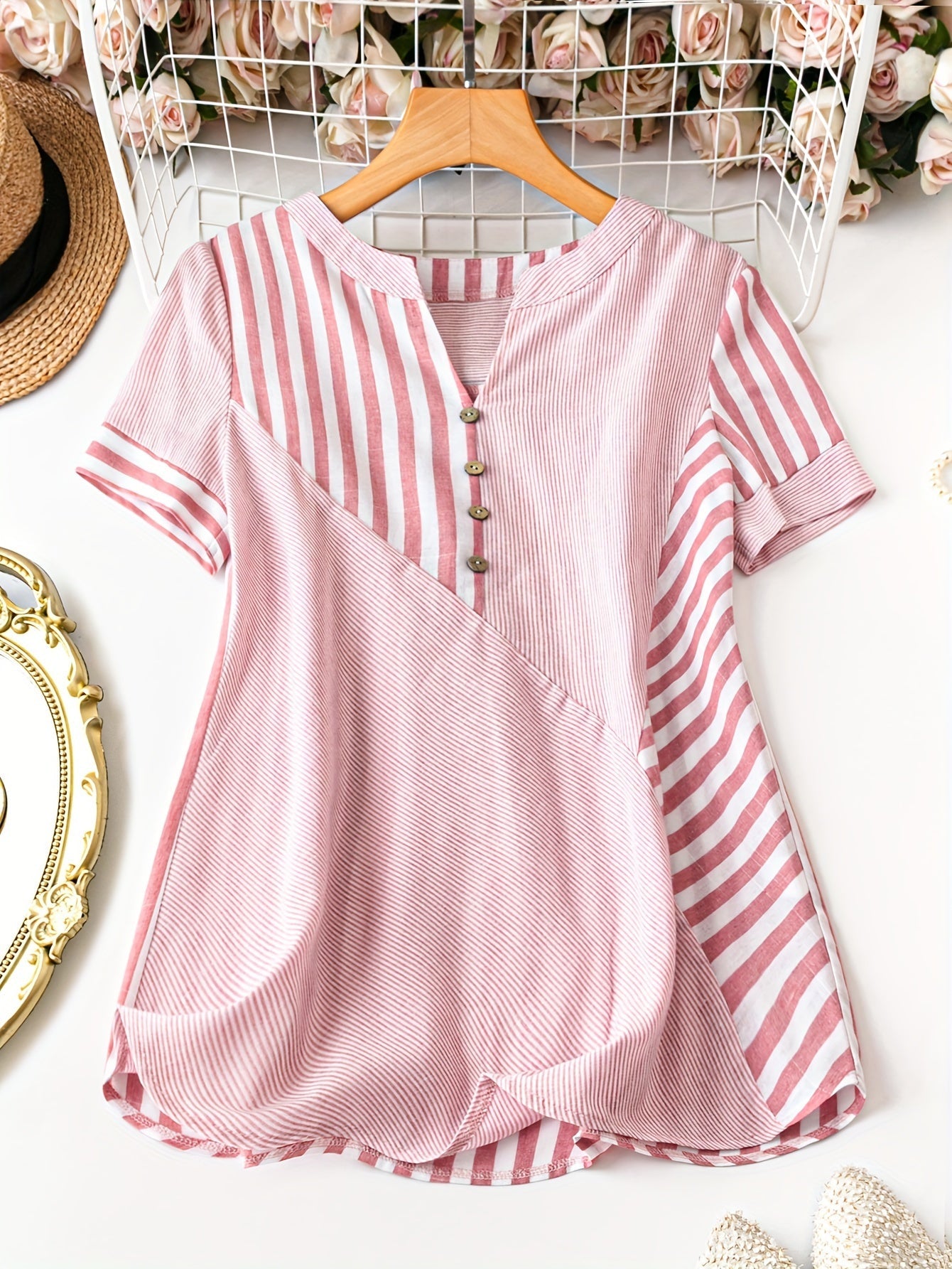 Damen Elegante Streifen Tunika Bluse mit Knopfleiste – Freizeit & Office
