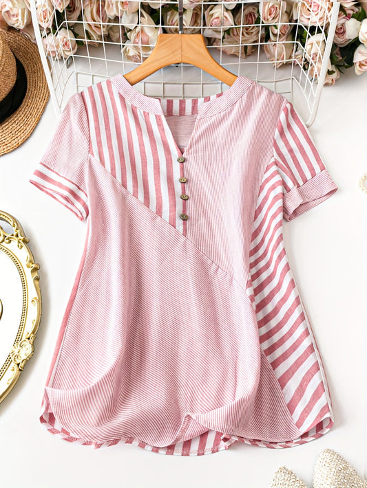 Damen Elegante Streifen Tunika Bluse mit Knopfleiste – Freizeit & Office