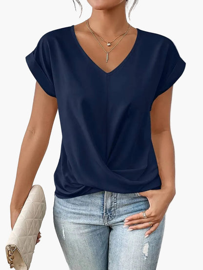 Damen Kurzarm V-Ausschnitt Casual Bluse – Elegantes Freizeitshirt mit modischem Twist-Detail