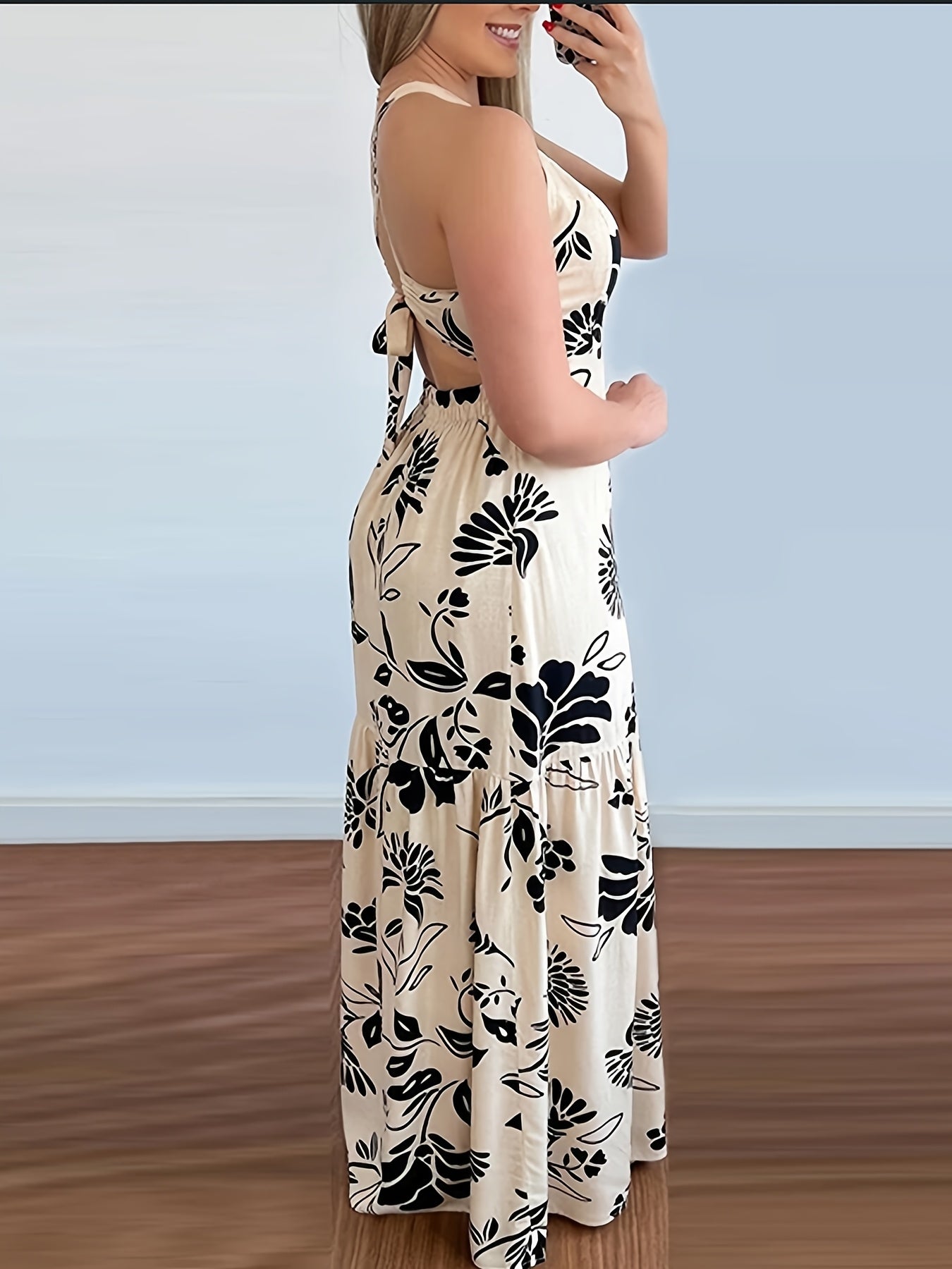 Damen Maxikleid Elegant Sommer Fit & Flare mit Blumenmuster und Rückenschnürung – Perfekt für Strand und Urlaub