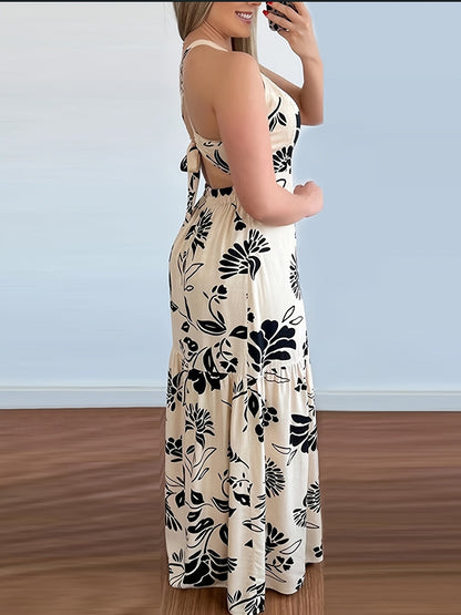 Damen Maxikleid Elegant Sommer Fit & Flare mit Blumenmuster und Rückenschnürung – Perfekt für Strand und Urlaub