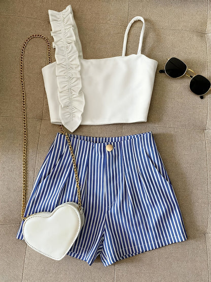 Damen Zweiteiler Set – Modisches Top mit Rüschen und Gestreifte Shorts, Stilvolles Outfit für Freizeit und Alltag
