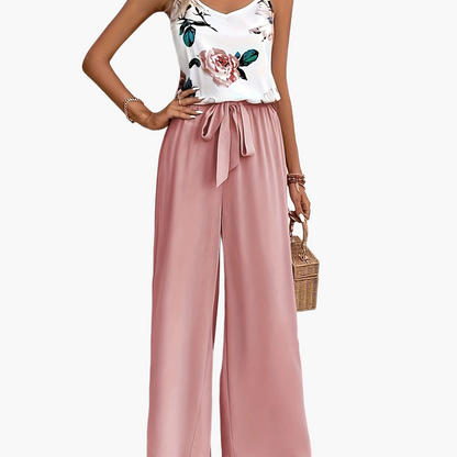 Damen Eleganter Jumpsuit mit Blumendruck und Weitem Bein – Perfekt für Freizeit und Sommer