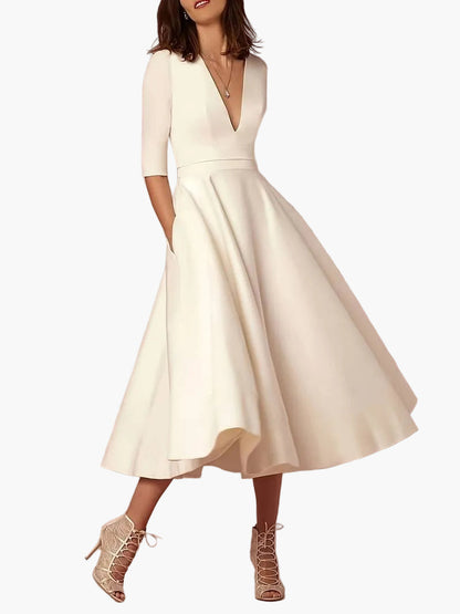 Damen Elegantes A-Linien Midikleid mit V-Ausschnitt für festliche Anlässe und Partys