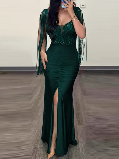 Damen Abendkleid Elegant mit Fransenärmeln und hohem Schlitz – Perfekt für festliche Anlässe