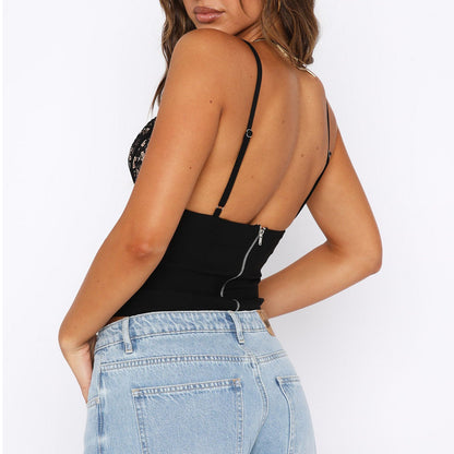 Joy – V-Ausschnitt Spitzentop mit Reißverschluss-Design