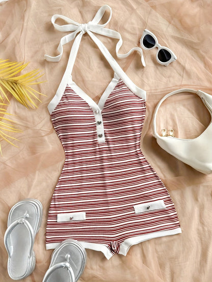 Damen Einteiler Kurz Overall mit Streifen und Knopfleiste – Eleganter Sommer Jumpsuit für Freizeit & Strand