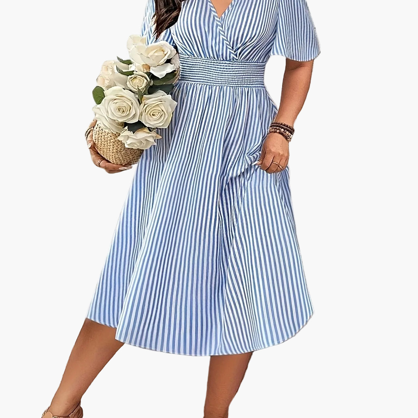 Damen Elegantes Streifen Midikleid mit Smokbund und V-Ausschnitt – Perfekt für besondere Anlässe