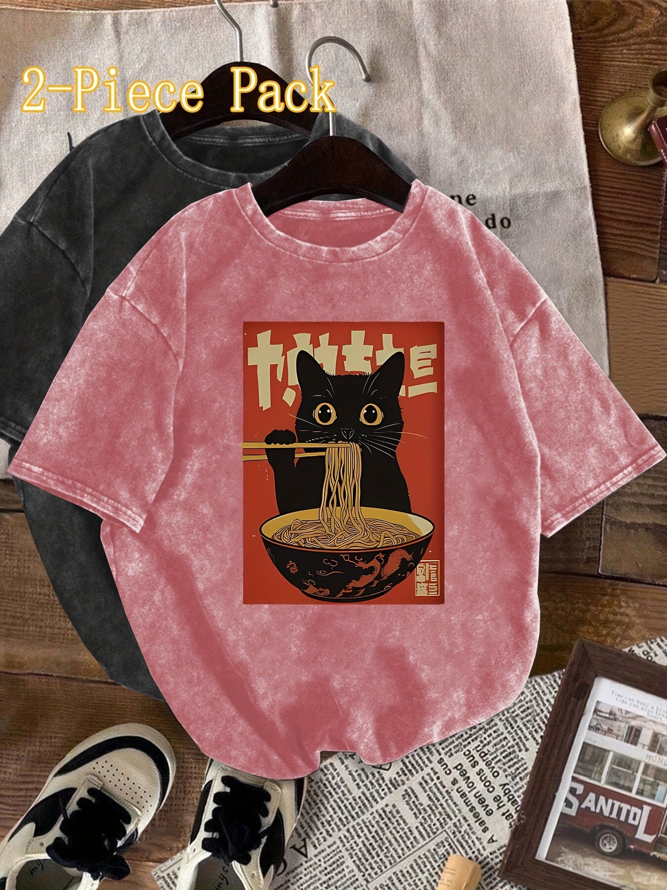 Damen Vintage T-Shirt mit Katzen- und Ramen-Print – Lustiges Streetwear Shirt für Alltag & Freizeit
