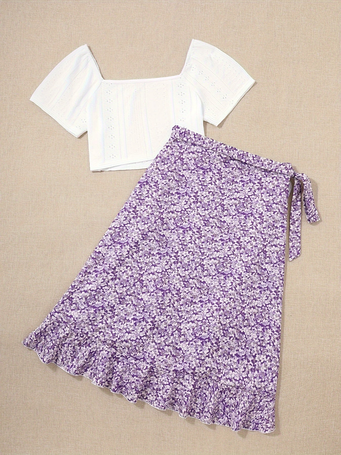 Damen Zweiteiler Set – Romantische Bluse mit Blumen Wickelrock im femininen Stil für Freizeit und Ausflüge