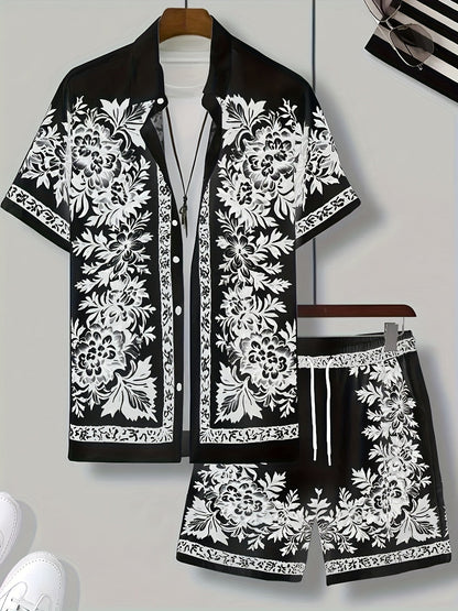Herren Sommer Kurzarm Freizeit Set mit Blumenmuster – Zweiteiliges Hemd und Shorts, Perfekt für Urlaub & Strand