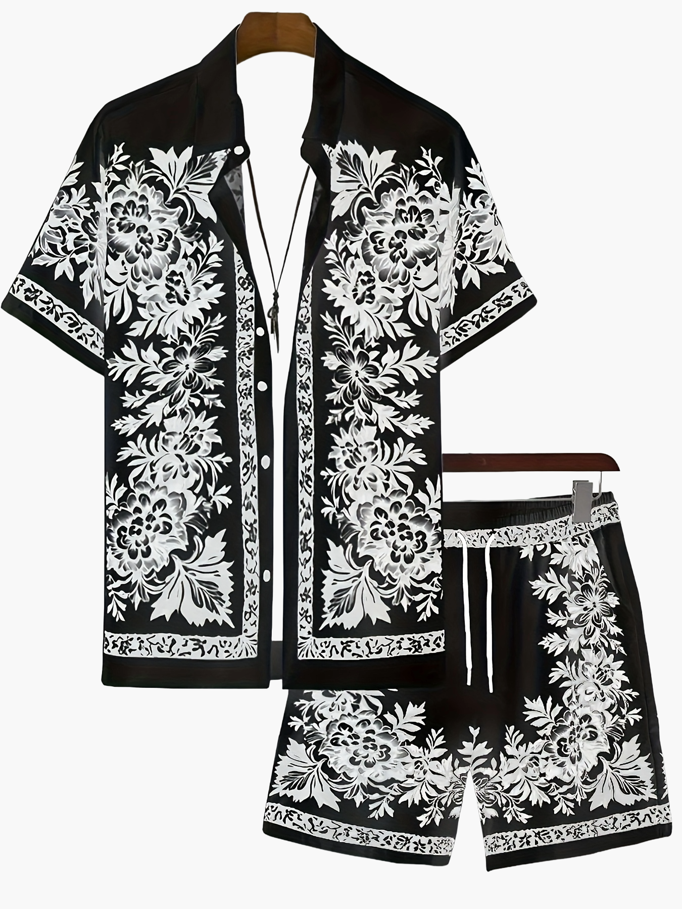 Herren Sommer Kurzarm Freizeit Set mit Blumenmuster – Zweiteiliges Hemd und Shorts, Perfekt für Urlaub & Strand