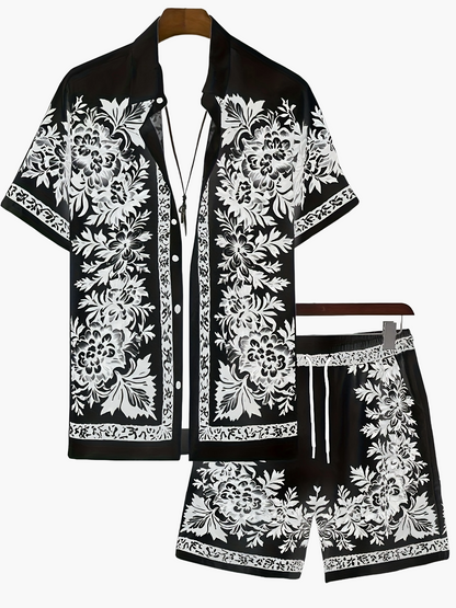 Herren Sommer Kurzarm Freizeit Set mit Blumenmuster – Zweiteiliges Hemd und Shorts, Perfekt für Urlaub & Strand