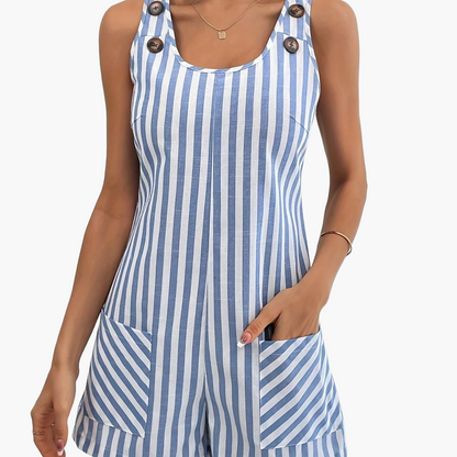 Damen Sommer Jumpsuit mit Streifenmuster und Knopfdetails – Lässiger Einteiler für Freizeit & Urlaub