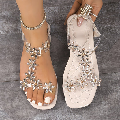 Damen Sandalen Elegant mit Blumen-Strass und T-Riemen – Flache Slingback Schuhe für Feste & Freizeit
