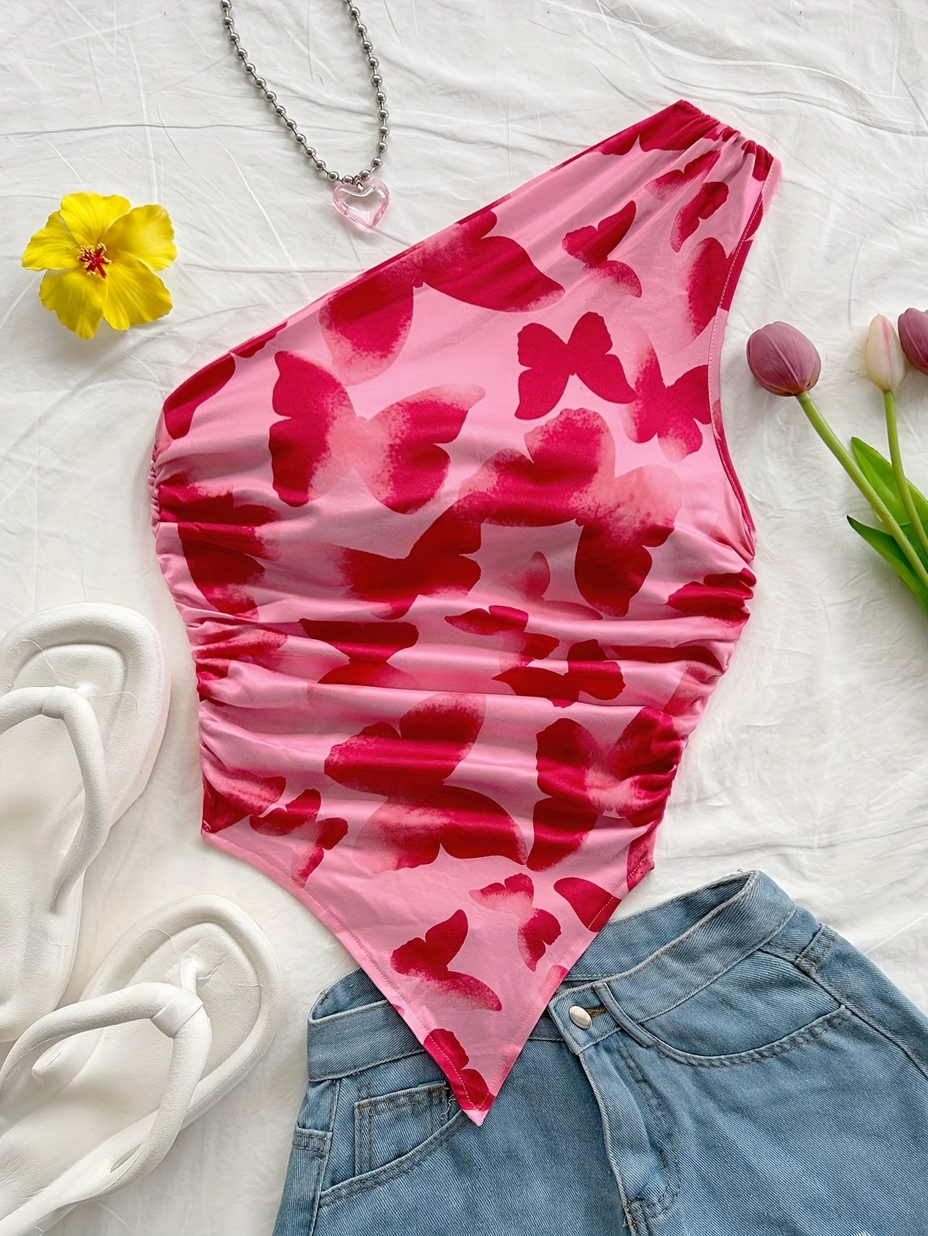 Damen Asymmetrisches Freizeit-Top mit Blumenmuster – Elegantes Sommer-Wochenend-Oberteil