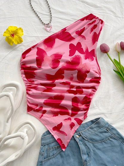 Damen Asymmetrisches Freizeit-Top mit Blumenmuster – Elegantes Sommer-Wochenend-Oberteil