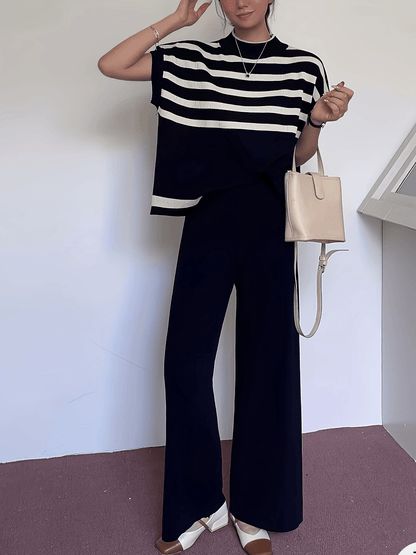 Damen Elegantes Streifen-Set mit Weitbein-Hose und Oversize-Oberteil – Moderner Business- und Freizeit-Look