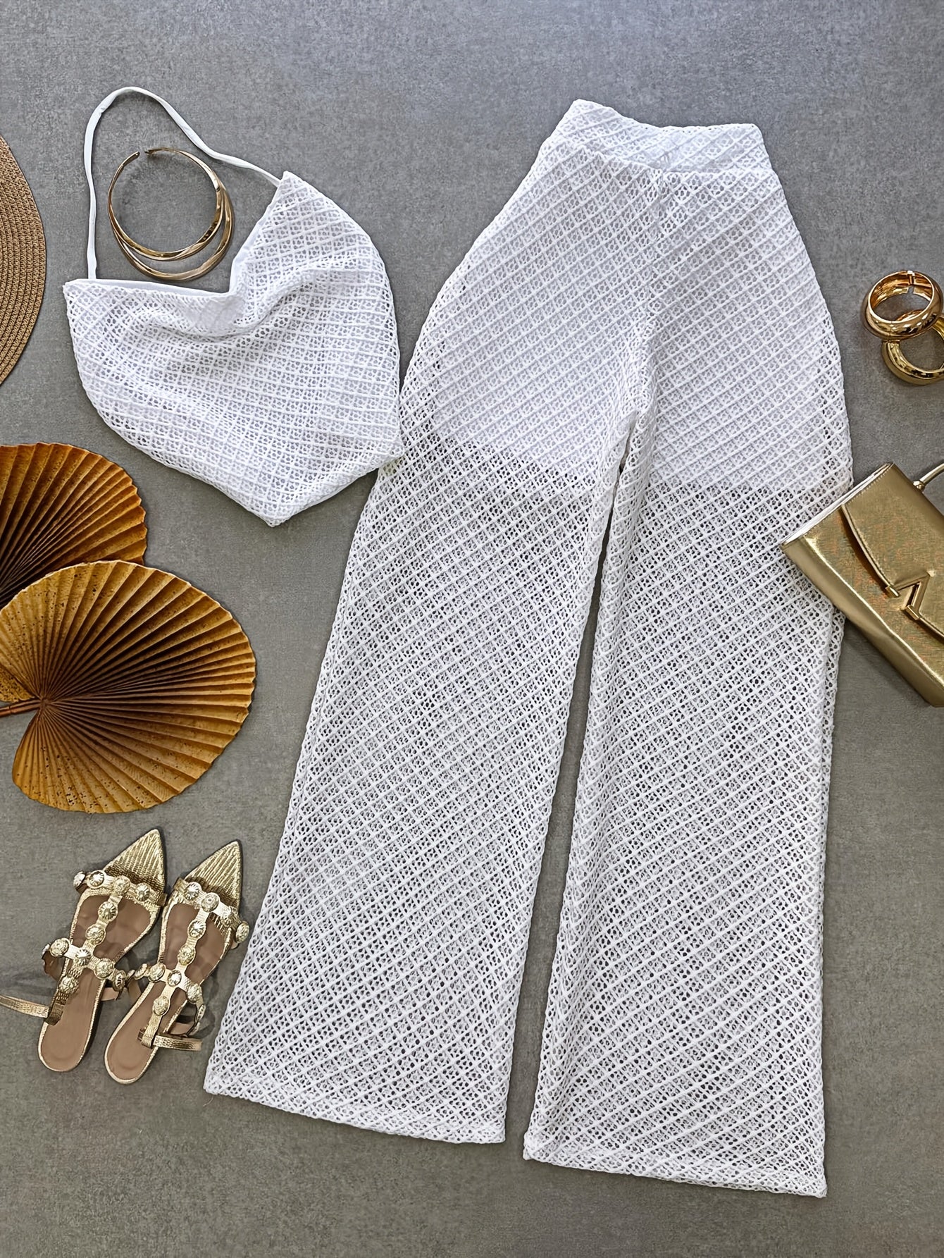 Damen Zweiteiler Set – Elegantes Netz-Top und Weitbeinige Hose für Urlaub & Strand