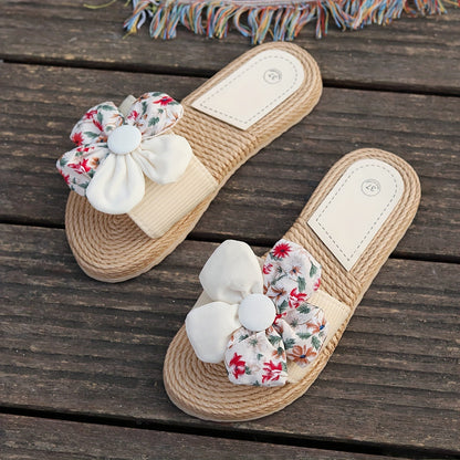 Damen Blumen-Slides Espadrille Stil – Modische Sommerschuhe mit großer Schleife