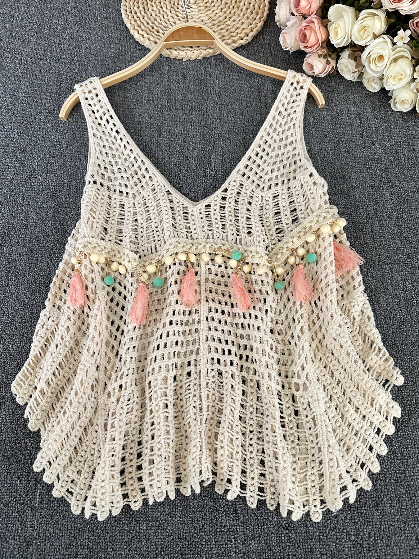 Damen Boho Häkel-Top mit Quasten und Perlen – Sommer Strandmode, Festival Look