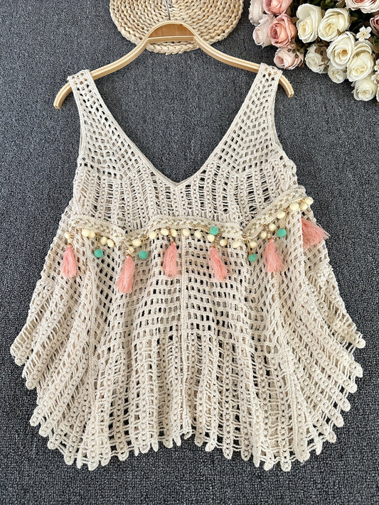 Damen Boho Häkel-Top mit Quasten und Perlen – Sommer Strandmode, Festival Look